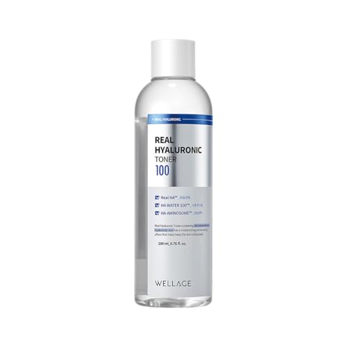 WELLAGE Real Hyaluronic Toner 100 for face, Korean Beauty Toner, 93% Hyaluronic Acid Water, Hydrating for Dry Skin - Deep, Quick Absorption, Hypoallergenic, Skin Irritation-Free, 6.76 fl.oz.