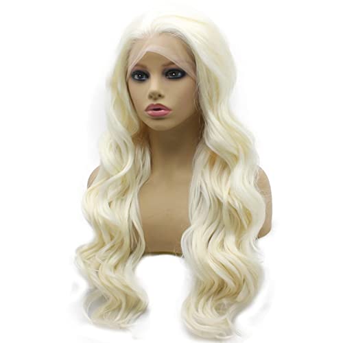 Iewig Long Wavy Lignt Blonde Wig for Women Half Hand Tied Synthetic Lace Front Wig