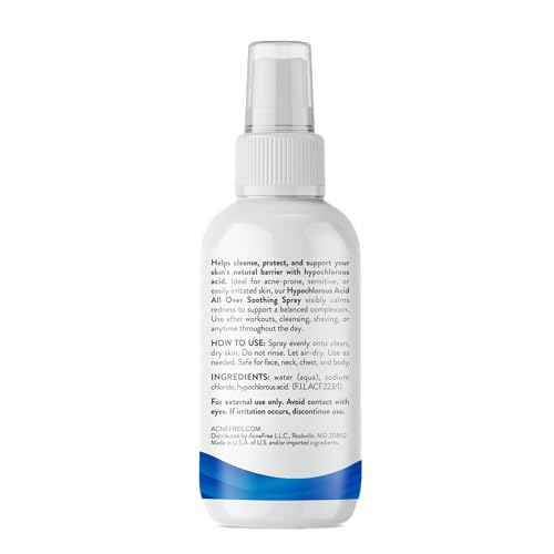 AcneFree Hypochlorous Acid Soothing Spray for Face & Body ? Redness Relief Mist for Acne-Prone, Sensitive, or Irritated Skin ? Gentle Daily Spray for Breakout Support & Skin Barrier Balance ? 4 ounce