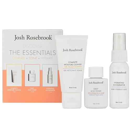 Josh Rosebrook The Essentials Kit - Cleanse, Tone & Hydrate Skincare Set | Complete Moisture Cleanse 1 oz, Daily Acid Toner 0.5 oz, Hydrating Accelerator 1 oz | Travel Size Facial Skin Care