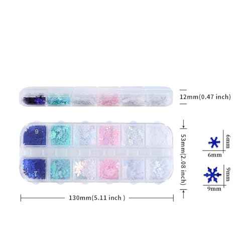 12 Grids Christmas Nail Art Glitter Sequins 3D Holographic Winter Snowflake Nail Art Glitter Flakes White Blue Pink Green Snowflake Designs Xmas Nail Decorations for Acrylic Nails Supplies