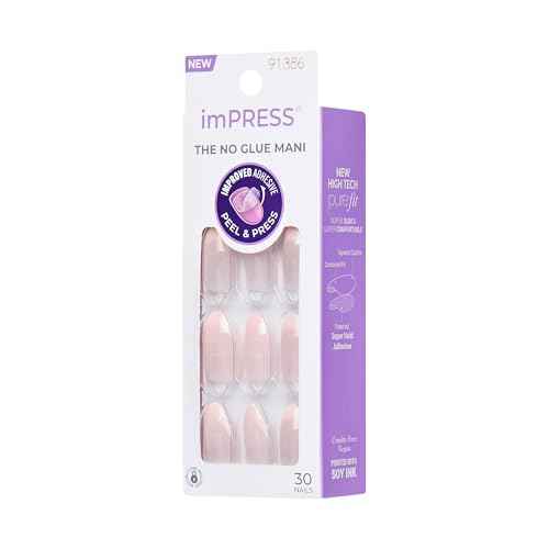 KISS imPRESS No Glue Mani 30 Pcs Press On Nails, Easy Apply, Hassel-Free Removal, Simple Peel & Press, Essential Tools Included, Prep Pad, Instructions Sheet, 1 Manicure Stick, 1 Mini File (Ace)