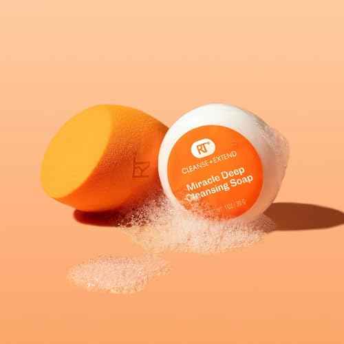 Real Techniques Miracle Blend + Cleanse 3 Piece Set, Makeup Sponge For Blending Foundation & Solid Soap For Deep Cleaning Sponges, Includes Travel Storage Tote, Cruelty-Free, & Latex-Free
