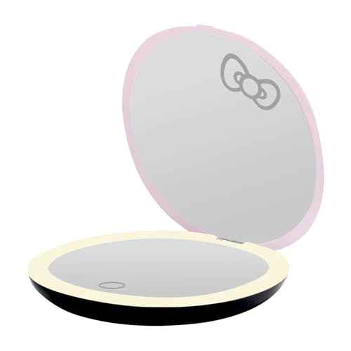 Impressions Vanity Hello Kitty Supercute Signature Compact Mirror with Light, Travel Makeup Mirror with 3X Magnification and Daylight LED Lighting and Adjustable Brightness (Pink)