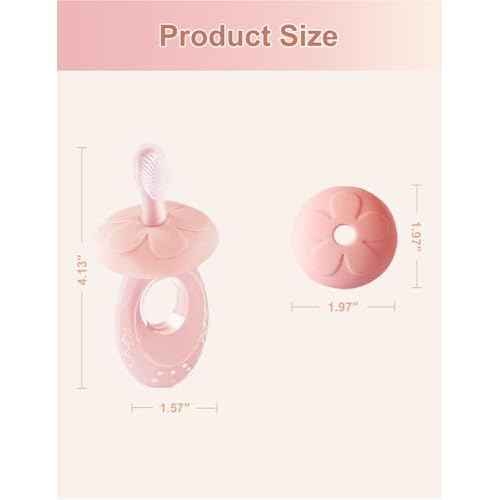 Baby Toothbrush & Teether for Infant and Toddler, Silicone Baby Oral and Tongue Cleaner, Ultra Soft Infant Training Toothbrush with Travel Case, Adjustable Safety Shield - Pink