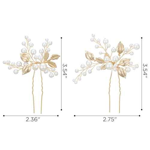 SWEETV 2Pcs Bridal Hair Accessories Pearl Bride Wedding Hair Pins Leaf Bridal Head Piece Rhinestones Hair Jewelry Gold Hair Accessories for Women and Girls