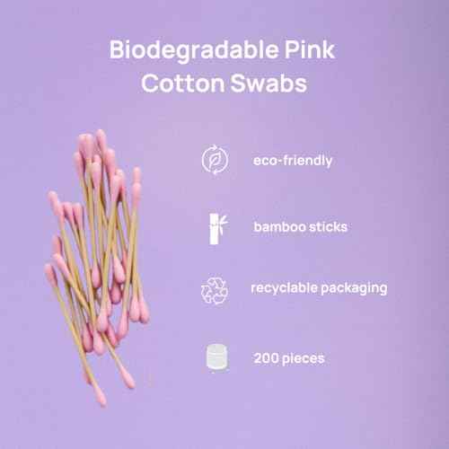 Mei Apothecary Premium Biodegradable Bamboo Cotton Swabs, Double-Tip Makeup Remover & Multi-Use Pink Cotton Buds, Pack of Multiple Pieces