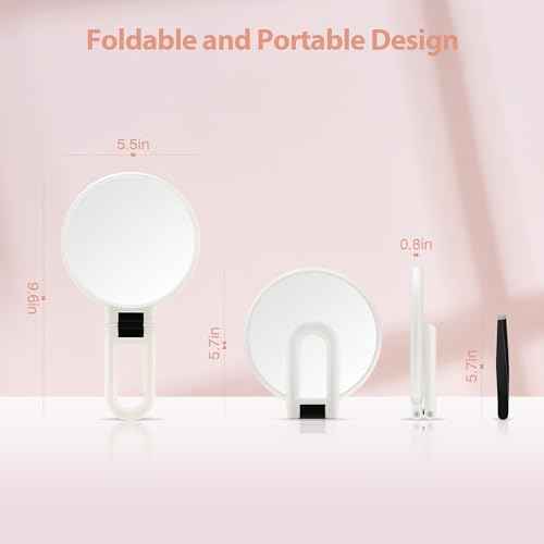 B Beauty Planet 30X Magnifying Mirror, Hand Mirror with Handle, Double Sided Hand Mirror with 30X/1X Magnification, Travel Essential Portable Foldable Makeup Mirror for Precision Makeup White