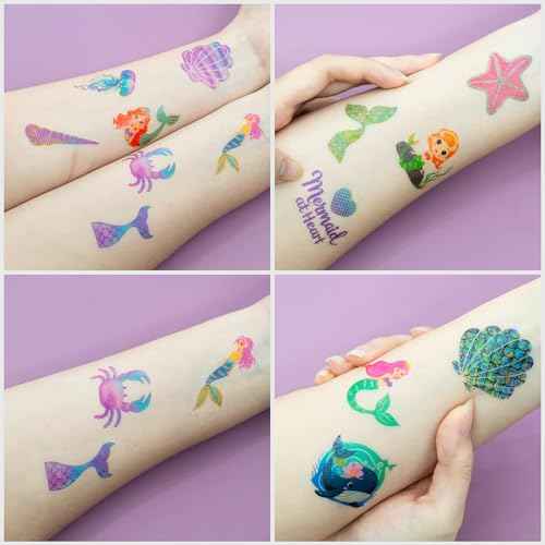 96 PCS Mermaid Ocean Sea Pre-Cut Temporary Tattoos for Kids | Super Cute Themed Birthday Party Favors, Supplies, Decorations, Purple Fake Tattoo Stickers (Multiple)