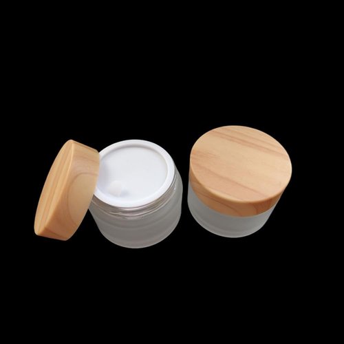 1 Oz Frosted Glass Cosmetic Containers with Wood Grain Lids, 30ml Travel Empty Makeup Jar Pot Box, Refillable Sample Jars for Lotion Face Cream Lip Balm Eyeshadow Storage (30 Grams, 6 Pack)