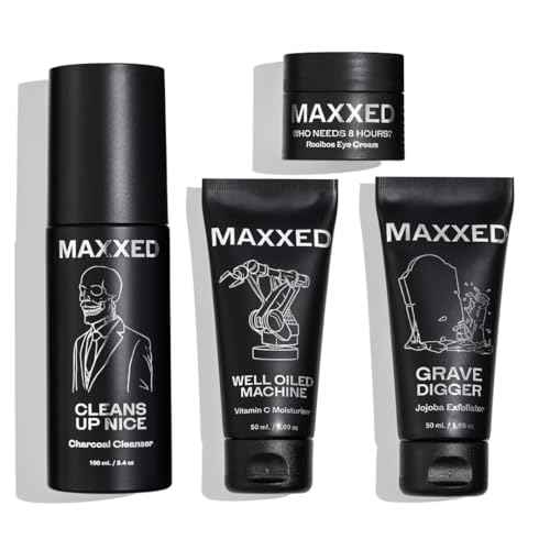 MAXXED Men's Skincare Set - Travel Skincare Set with Under Eye Cream, Charcoal Face Wash, Jojoba Face Scrub and Vitamin C Moisturizer - 4 in 1 Men's Skin Care Kit for Hydration and Pore Cleansing
