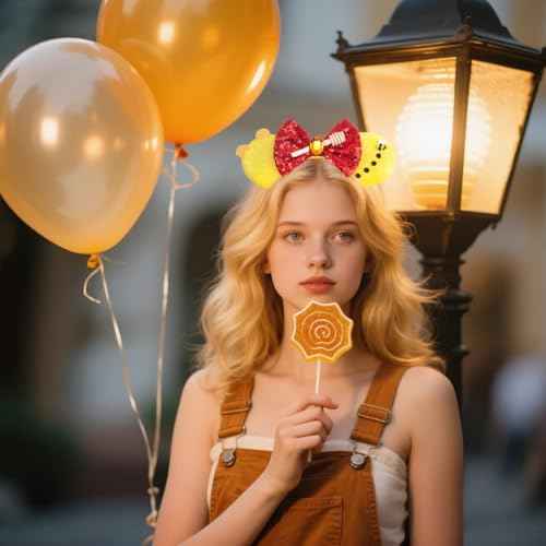Golden Yellow Mouse Ears Headband, Red Sequin Bow with Honeycomb Accents for Theme Parks & Birthday Parties