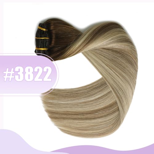 Sindra Hair Extensions Real Human Hair Clip ins 14Inch Balayage Dark Brown Ombre Light Brown Blonde Clip in Hair Extensions Real Human Hair Remy Straight For Woman 100G 6Pcs(clip#3/8/22-14inch)