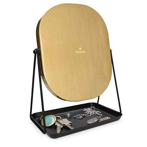 Navaris Vanity Mirror with Tray - Table Top Mirror with Metal Stand and Storage - 7" x 9" Mirror Size - for Makeup, Tabletop, Desk - Gold Finish