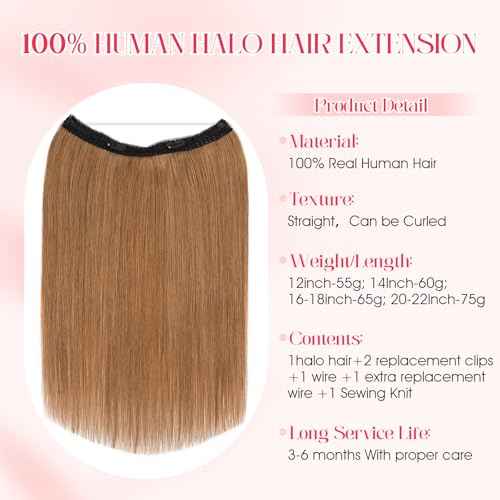 Rich Choices Real Human Halo Hair Extensions for Women Invisible Wire Hair Extensions 100% Human Remy Halo Hair 12 Inch #6 Light Brown