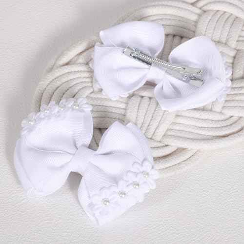4" Flower Hair Bows for Girls White Pearl Bowknot Hair Clips Floral Ribbon Alligator Barrettes Toddler Teen Kids Women Wedding Pageant Communion Party Dress Decoration Accessory