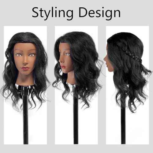 18" MQHIHI Mannequin Head Human Hair with Tripod Set, 100% Real Hair Cosmetology Manikin Doll Head for Hairdresser Practice Braiding with Tripod Set and Tools