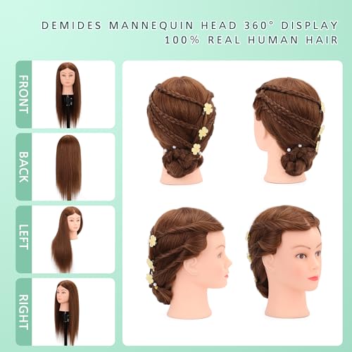 24-26¡¯¡¯ Cosmetology Mannequin Head with 100% Real Human Hair, 100% Human Hair Hairdresser Cosmetology Mannequin Manikin Training Head Hair and Free Clamp Holder