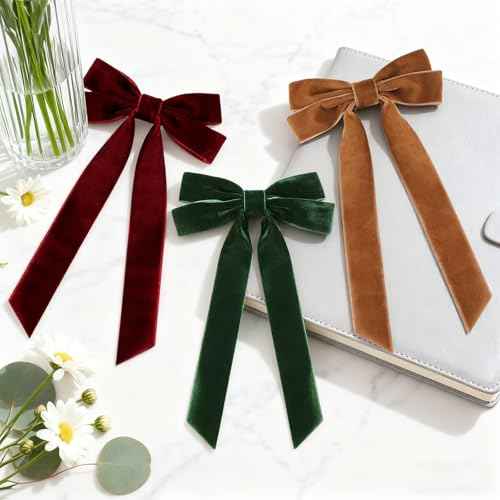 3 Pack Fall Hair Bows for Women Girls Velvet Bow Hair Accessories with Alligator Clips Big Ribbon for Autumn Christmas Winter Hair Decor (Burgundy, Green, Brown, Velvet)