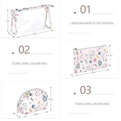 Richeart Makeup Bag, Clear Bag with Zipper, 3PC Floral Flowers Makeup Pouch, Waterproof Small Pouch, Portable Travel Toiletry Bag, C