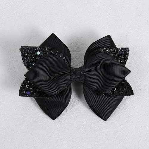 2pc Glitter Black Ribbon Hair Bow Clips 4inch Shiny Alligator Barrettes Pins for Teens Girls Kids Women Graduation Halloween Dress up Party Costume outfit Decor Accessory