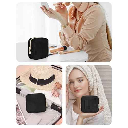 Wandering Nature Small Makeup Bag for Purse Mini Make up Pouch Cute Cosmetic Pouch for Women with Slip-in Pockets Corduroy, Black