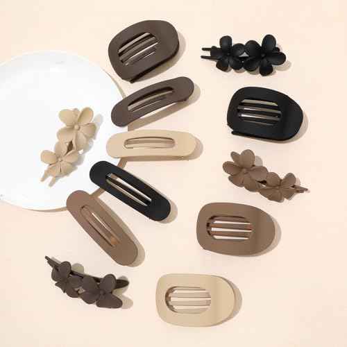 12 Pcs Flat Hair Clips for Women, 3 Styles Matte Flower Hair Clips and Flat Clips, Big and Small Neutral Colors Non-slip Flat Claw Clips Thin Thick Curly Straight Hair Accessories
