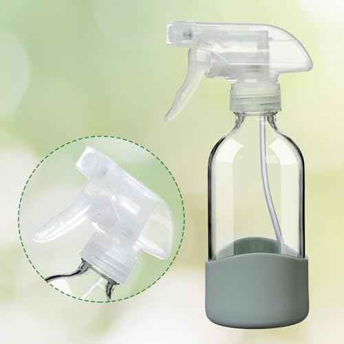 8oz Clear Glass Spray Bottles with Silicone Sleeve?Refillable Spray Bottles for Cleaning Solutions,Hair,Plants&Essential Oils?Leakproof,Adjustable Nozzle,Reusable,Eco-Friendly (1 Pack)