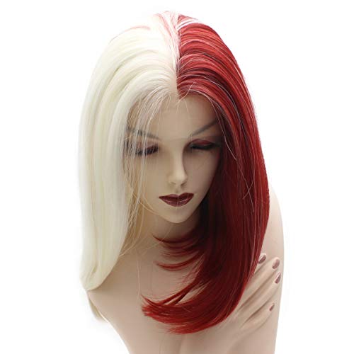 iwonawig Lace Front Synthetic Bob Wig (half white half red)