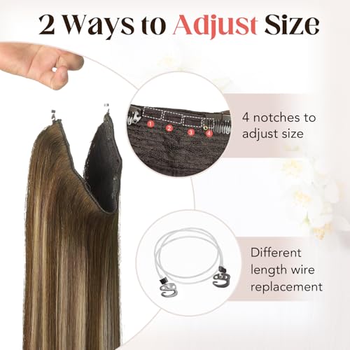 XDhair Wire Hair Extensions 14 Inch 70g Balayage Color Chocolate Brown to Caramel Blonde Invisible Wire Hair Extensions Real Human Hair Hairpiece(#4/27/4-14inch)