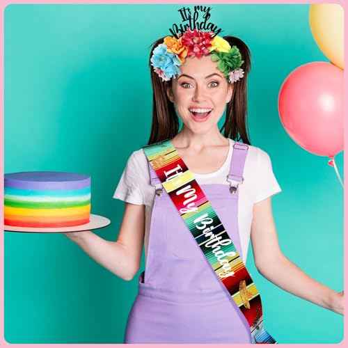 Hoteam 2 Pcs Headband and Sash Mexican Flower Crowns Cinco de Mayo Satin Sash Fiesta Birthday Tiara Crown for Women