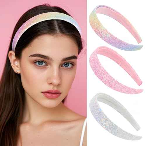 Girls Headbands, 3PCS Headbands for Girls Women Glitter Pink Rainbow White Headband Sparkly Sequin Headband Hair Accessories