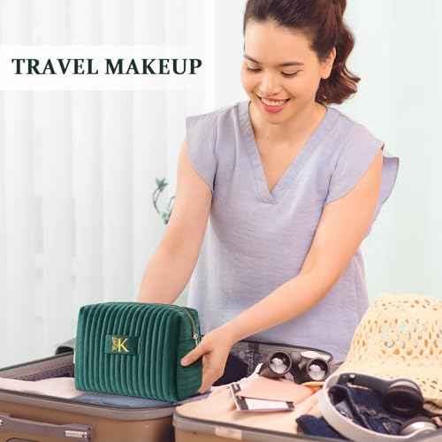 COSHAYSOO Personalized Fall Gifts for Women 30th 40th Birthday Unique New Mom Mother Wife Girlfriend Gift Ideas, Initial Quilted Makeup Bags Travel Green Cosmetic Velvet Skin Care Pouch Letter M