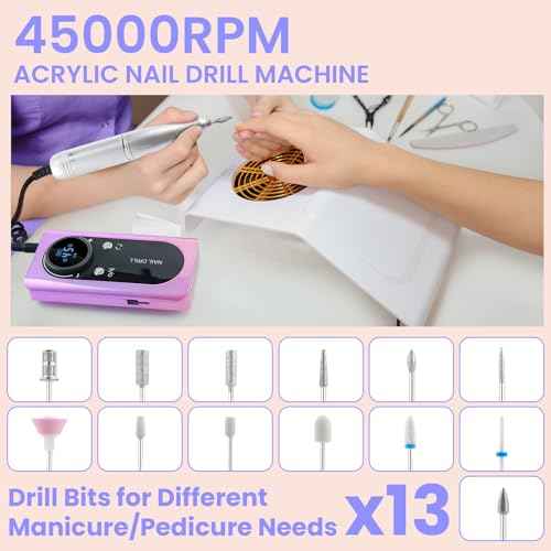 45000 RPM Nail Drill Machine Cordless, Rechargeable Electric Nail File Machine Professional Drill Tools for Acrylic Nails Gel Salon Manicure Pedicure