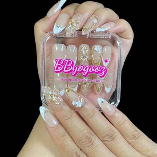 Handmade Press On Nails Medium Almond Shape White French 3D Floral & Star Design with Gold Accents | Elegant Fake Nails Reusable Acrylic Nail Tips with Crystals & Soft Beige Base (Elegant White, M)