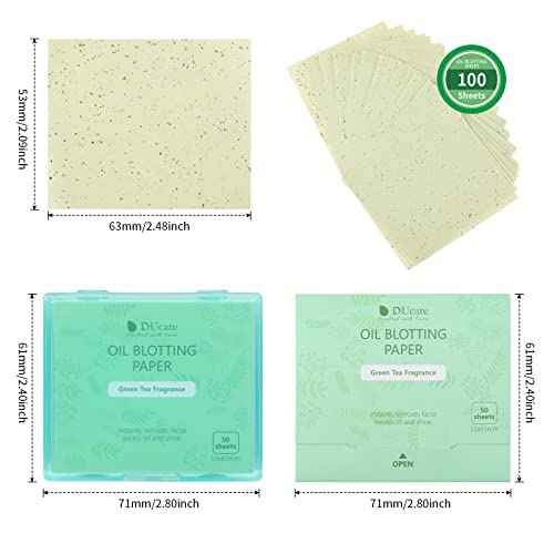 Oil Blotting Sheets for Face, DUcare 100 Counts Green Tea Blotting Paper For Oily Skin with Portable Mirror Case & Makeup Puff, Oil Absorbing Sheets For Face