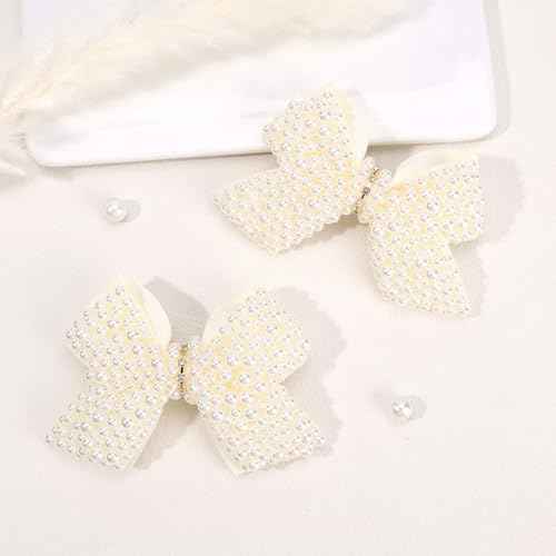 TOKUFAGU 2 PCS Pearl Hair Bows Clips for Toddler Girls, Elegant Ivory White Pearl Clips Hair Accessory for Flower Girl Wedding Birthday Halloween Christmas