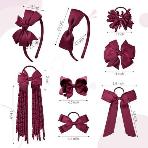 DEEKA Burgundy School Hair Accessories Set 13 Pcs Uniform Hair Bow Headband Clips Hair Ties Curly Korker Bows for Little Toddler School Girls (Burgundy)