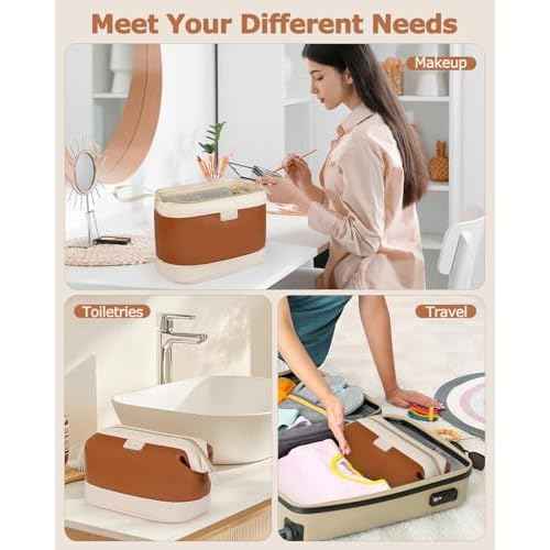 Wedama Makeup Bag Gift for Women, PU Leather Cosmetic Bag Wide Open Make up Organizer Bag, Large Capacity Travel Cosmetic Bag, Makeup Case with Handle for Women Girls, Brown