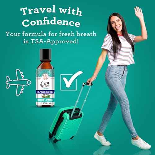GuruNanda Travel Size CocoMint Oil Pulling Mouthwash, 7 Essential Oils & Vitamins, Promotes Fresh Breath & Happy Gums, No Alcohol & Fluoride, 3 oz