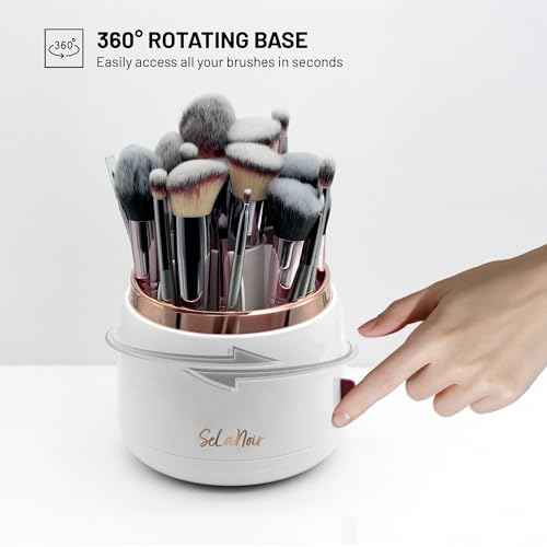 Rotating Makeup Brush Holder with Lid ? Dustproof Vanity Organizer for Makeup Brushes, Bonus Foldable Makeup Brush Cleaner Bowl Included, Elegant White Storage Solution