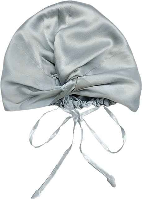 SereLune 100% Mulberry Silk Sleep Bonnet, Double Layer Silk Turban, Shower Cap, 8 Colors (Silver Bonnet With Adjustable Strap)
