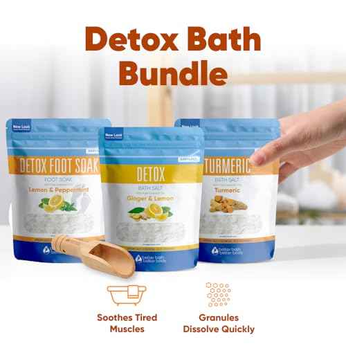 Detox Bath Bundle (3 Pack with Scoop Total 6 Lbs) Detoxifying Soaks with Detox Foot Soak and Turmeric Bath Soak Made with Epsom Salt and Pure Essential Oils Plus Vitamin C Three 2 Lbs Pouches