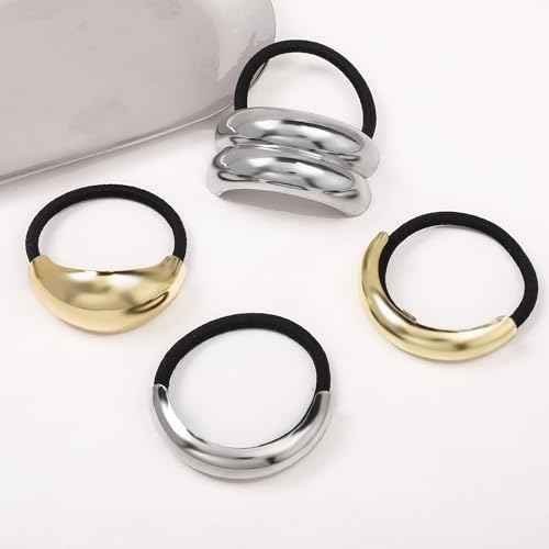Hair Ties for Women, Gold Metal Hair Cuffs Hair Accessories Elastic Hair Ties Ponytail Cuff Hair Bands for Both Thick Hair and Thin Hair