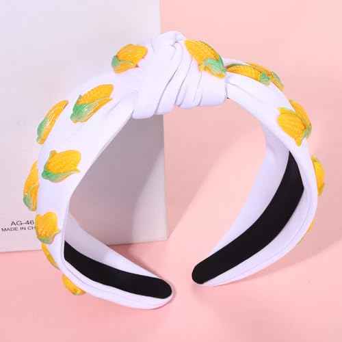 Fruit Headbands for Women Girls Corn Knotted Headband Summer Beach Headwear Hair Accessories (Corn-White)