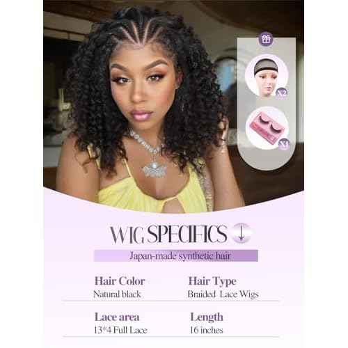 Quantum Love Braided Wigs for Black Women Braids Cornrows Lace Curly Wigs 16 Inch Lace Frontal Braided Fully Curly Bob Synthetic Glueless Wig