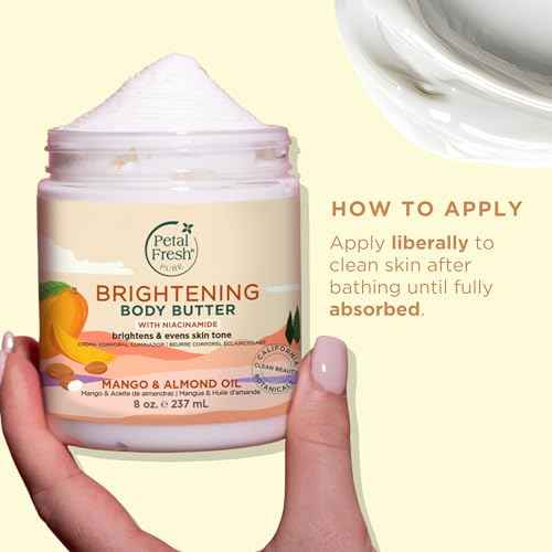 Petal Fresh Pure Brightening Mango & Almond Oil Body Butter with Niacinamide, Shea Butter, Promotes Collagen, For All Skin Types, Vegan and Cruelty Free, Non-Greasy, 8 oz ? MADE IN USA