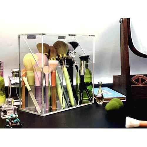 Acrylic Makeup Organizer,Clear Cosmetic Brush Storage Box With 3 Brush Holders,Makeup Brush Holderwith Dust Cover, Large-capacity Split Design Can Quickly Organize the Desktop£¨No pearls£©