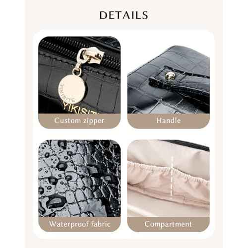 Make Up Bag, Cosmetic Organizer for Women, Waterproof Croc PU Leather Makeup Organizer with Divider and Handle Toiletry Bag Travel Bag (Croc Embossed, Black)