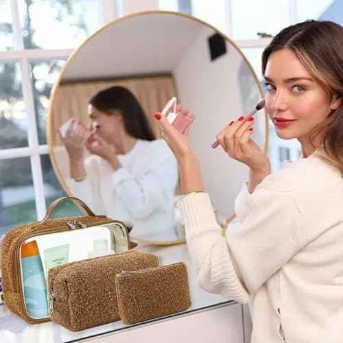 Bluboon 3Pcs Makeup Toiletry Bag for Women, Clear Packing Cubes Cosmetic Bag for Travel Women With Zipper Travel Essentials (Coffee Lamb Wool)